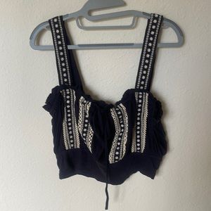 Free People Navy Cream Embroidered Ruffled Crop Top Large NWT